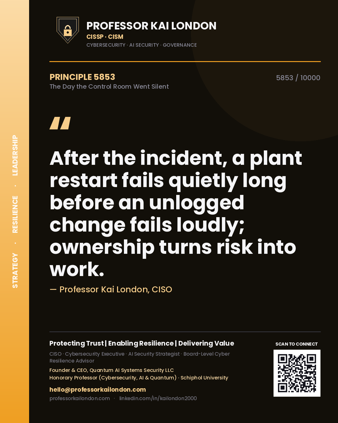 Quote card by Professor Kai London reading 'After the incident, a plant restart fails quietly long before an unlogged change fails loudly; ownership turns risk into work.'. From the book The Day the Control Room Went Silent.