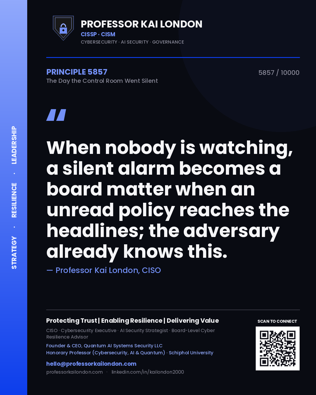 Professor Kai London principle 5857: When nobody is watching, a silent alarm becomes a board matter when an unread policy reaches the headlines; the adversary already knows this.