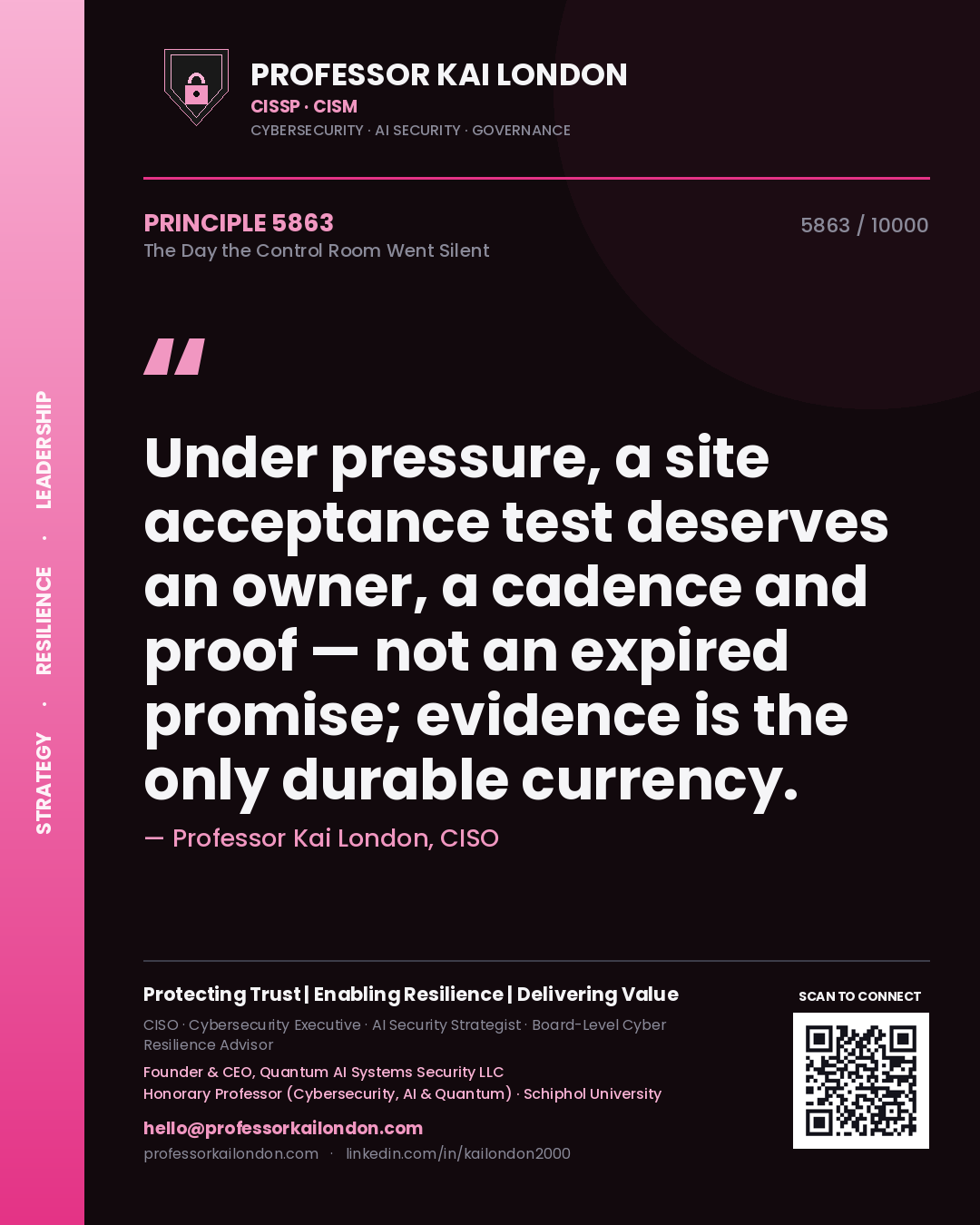 Professor Kai London principle 5863: Under pressure, a site acceptance test deserves an owner, a cadence and proof — not an expired promise; evidence is the only durable currency.