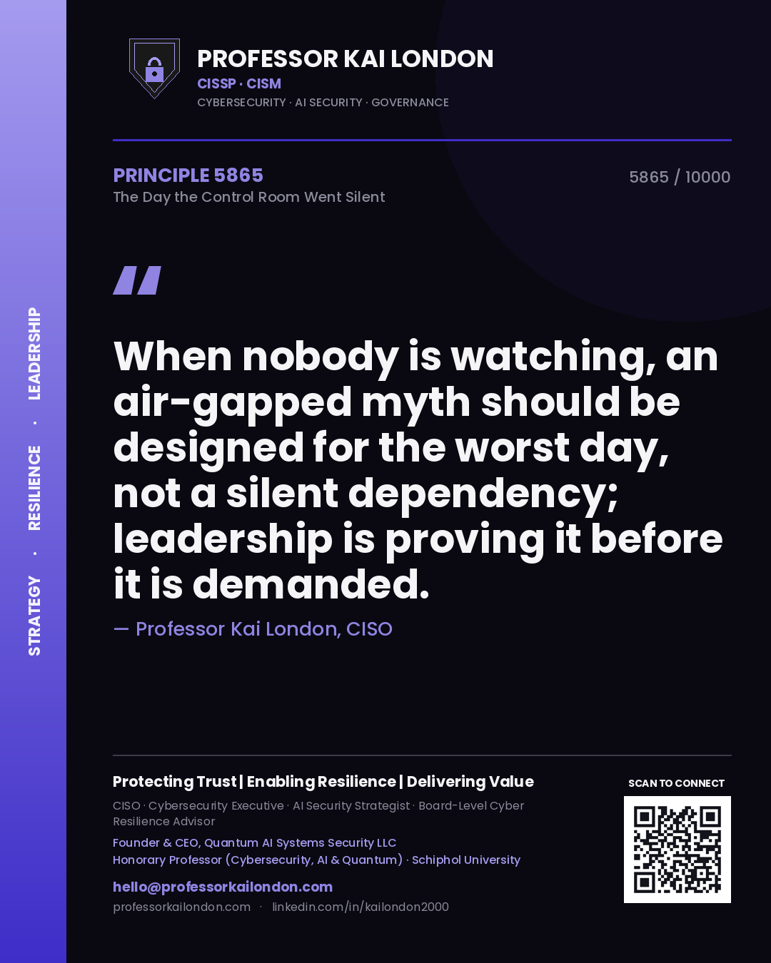 Professor Kai London principle 5865: When nobody is watching, an air-gapped myth should be designed for the worst day, not a silent dependency; leadership is proving it before it is demanded.