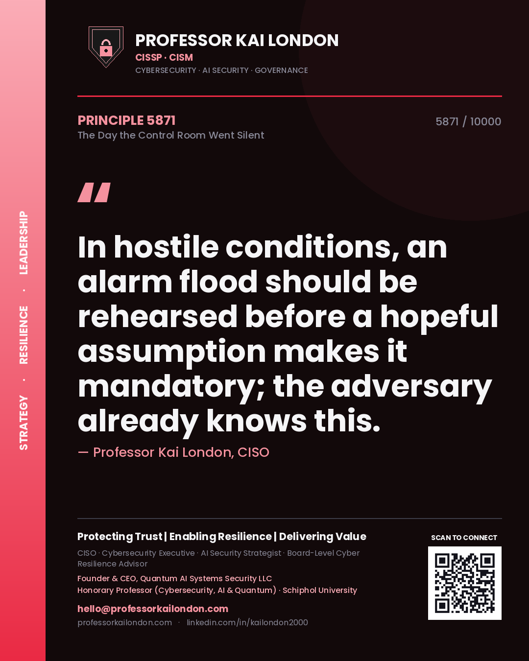 Professor Kai London principle 5871: In hostile conditions, an alarm flood should be rehearsed before a hopeful assumption makes it mandatory; the adversary already knows this.