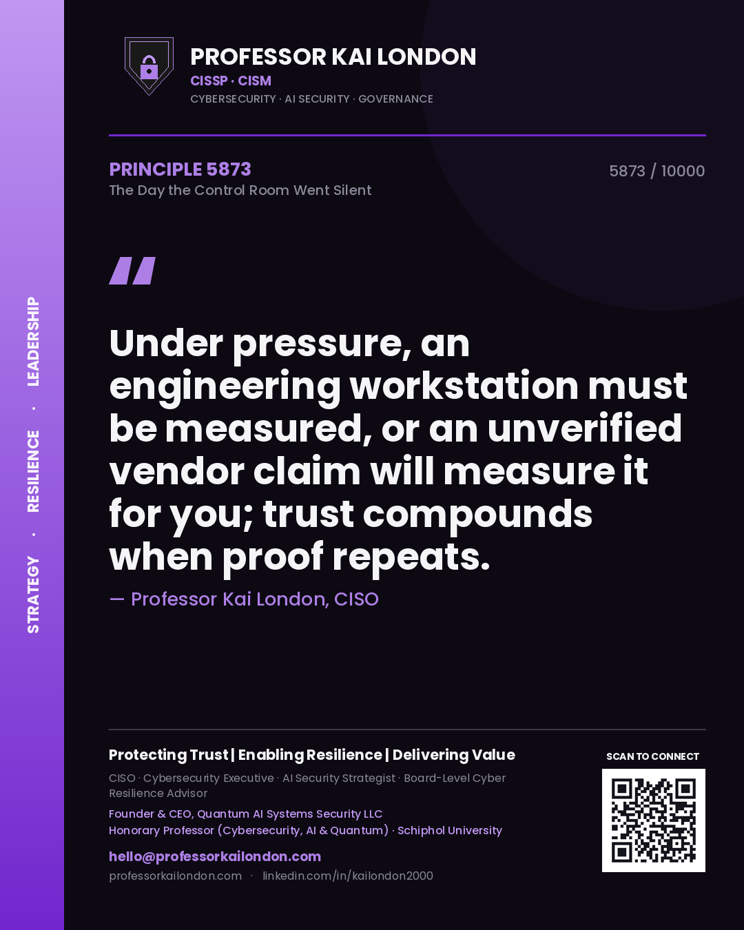 Quote card by Professor Kai London reading 'Under pressure, an engineering workstation must be measured, or an unverified vendor claim will measure it for you; trust compounds when proof repeats.'. From the book The Day the Control Room Went Silent.