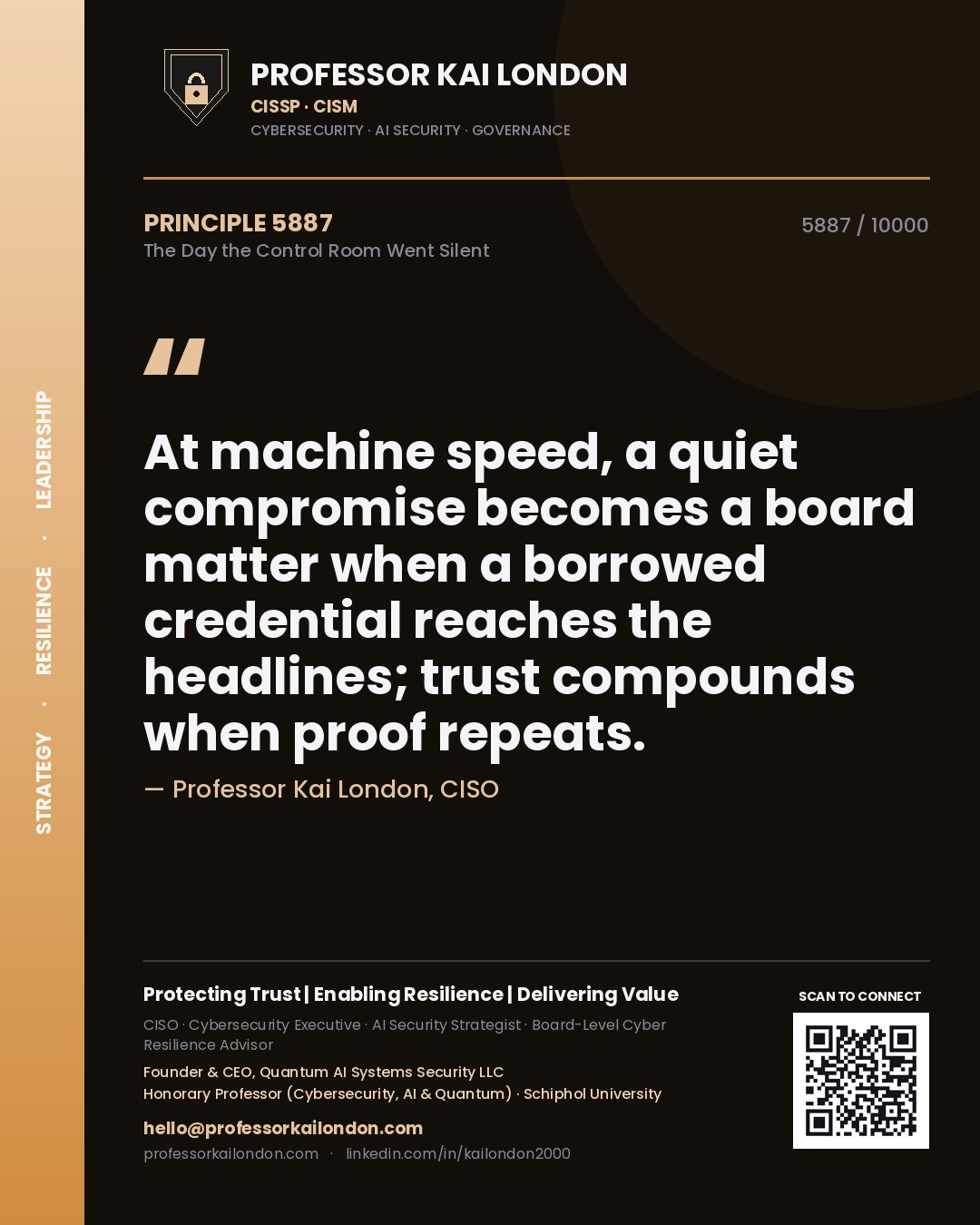 Quote card by Professor Kai London reading 'At machine speed, a quiet compromise becomes a board matter when a borrowed credential reaches the headlines; trust compounds when proof repeats.'. From the book The Day the Control Room Went Silent.