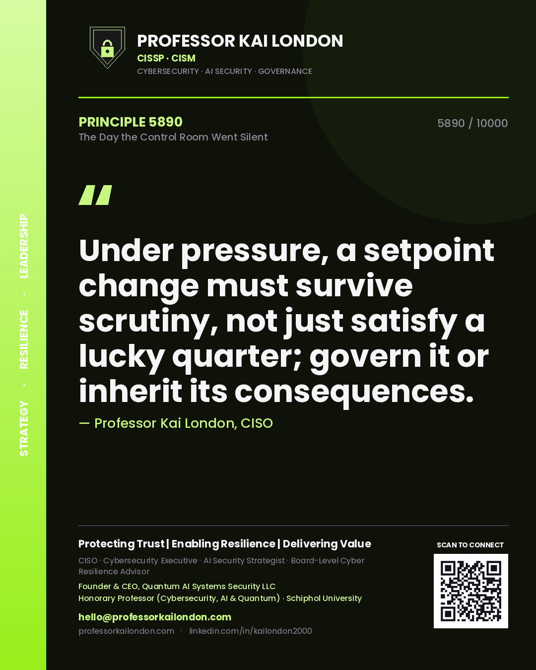 Quote card by Professor Kai London reading 'Under pressure, a setpoint change must survive scrutiny, not just satisfy a lucky quarter; govern it or inherit its consequences.'. From the book The Day the Control Room Went Silent.