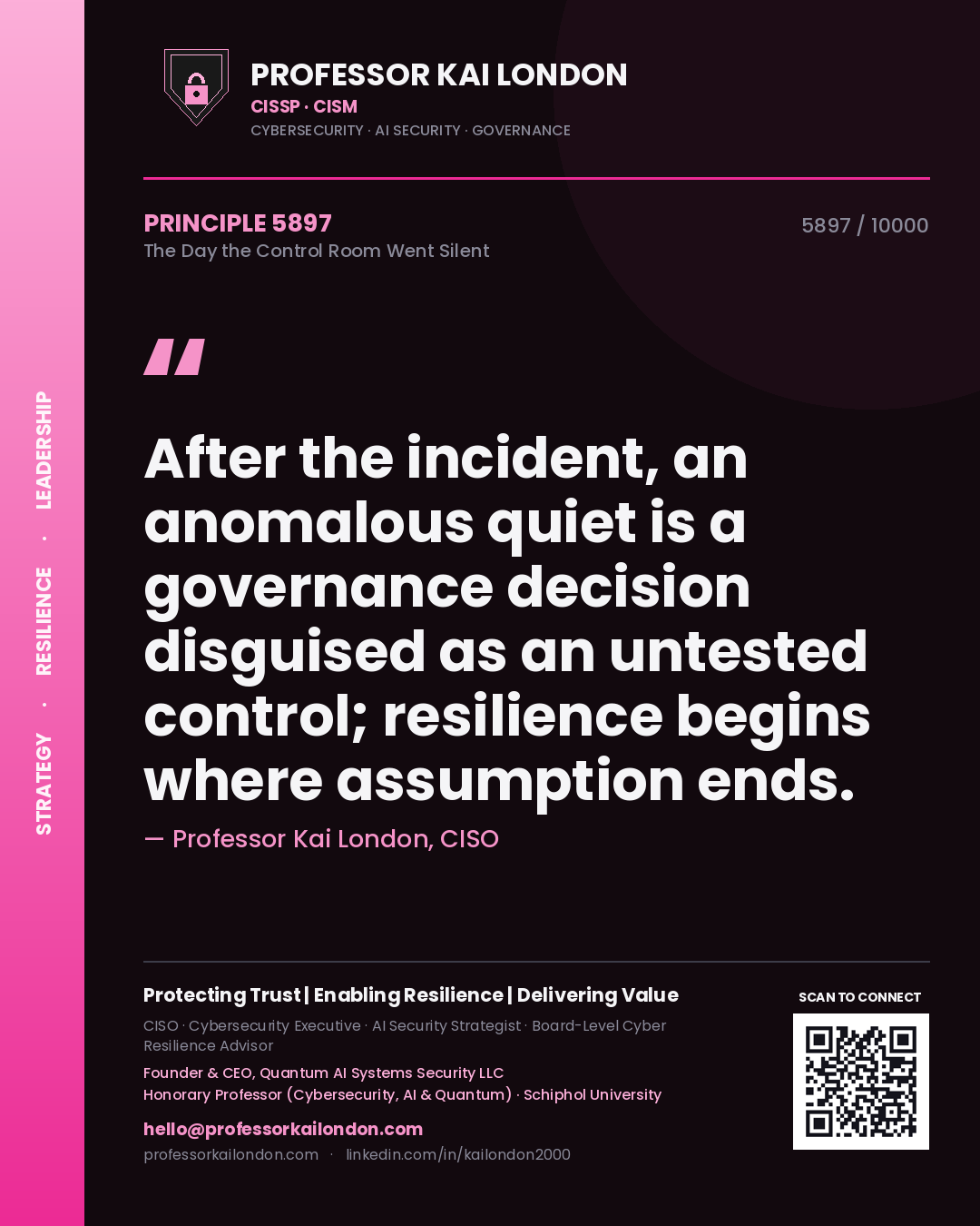 Professor Kai London principle 5897: After the incident, an anomalous quiet is a governance decision disguised as an untested control; resilience begins where assumption ends.