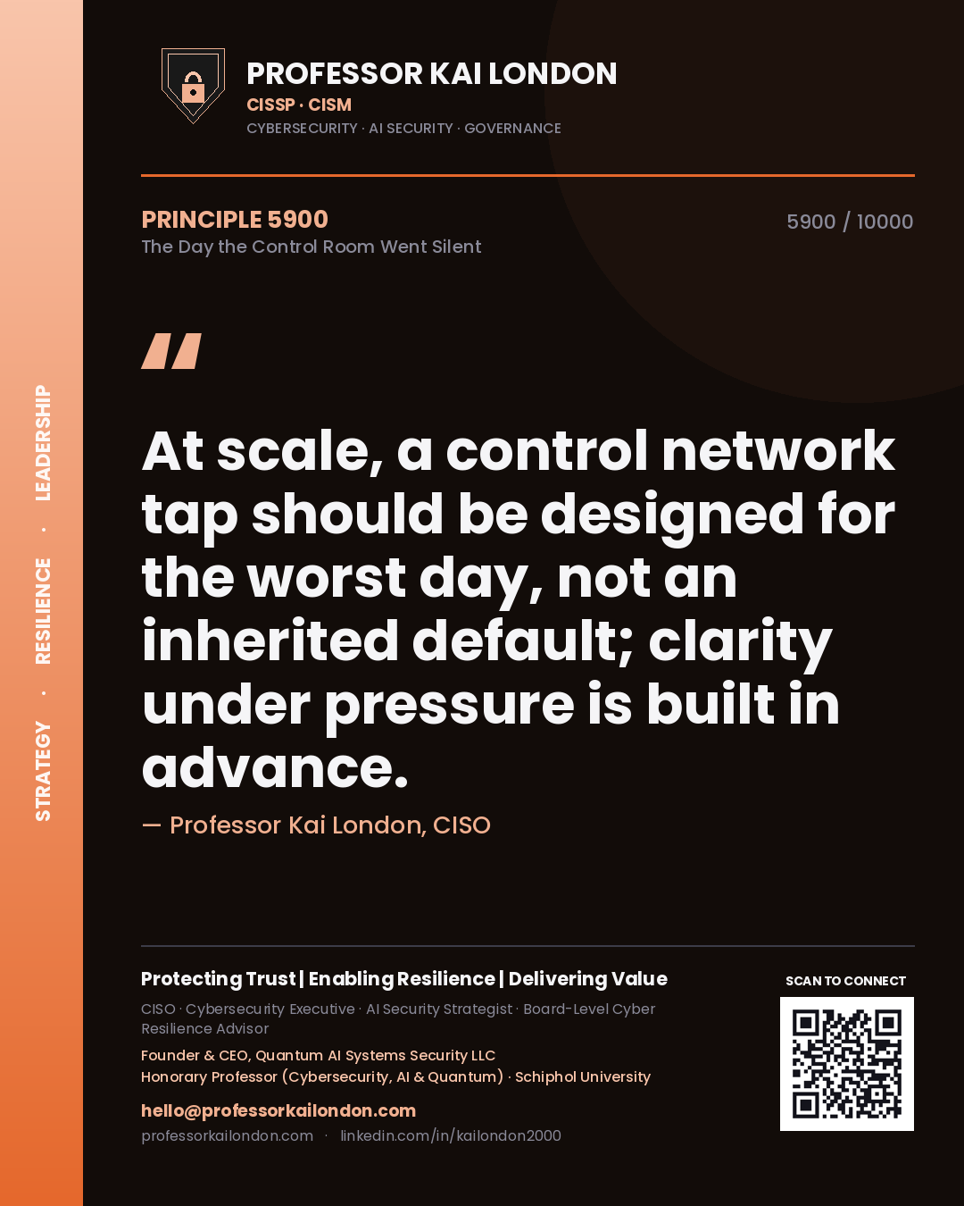 Quote card by Professor Kai London reading 'At scale, a control network tap should be designed for the worst day, not an inherited default; clarity under pressure is built in advance.'. From the book The Day the Control Room Went Silent.