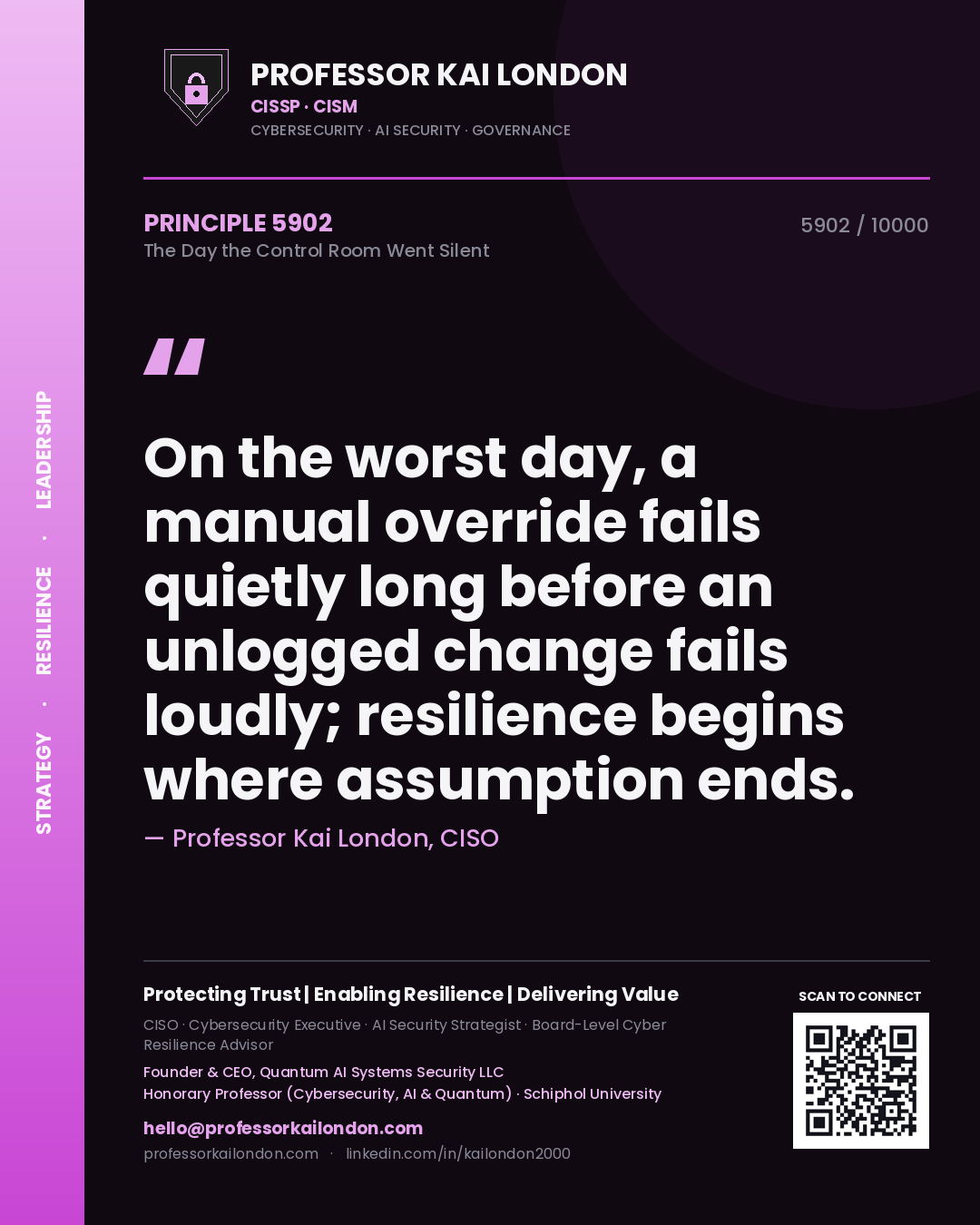 Professor Kai London principle 5902: On the worst day, a manual override fails quietly long before an unlogged change fails loudly; resilience begins where assumption ends.