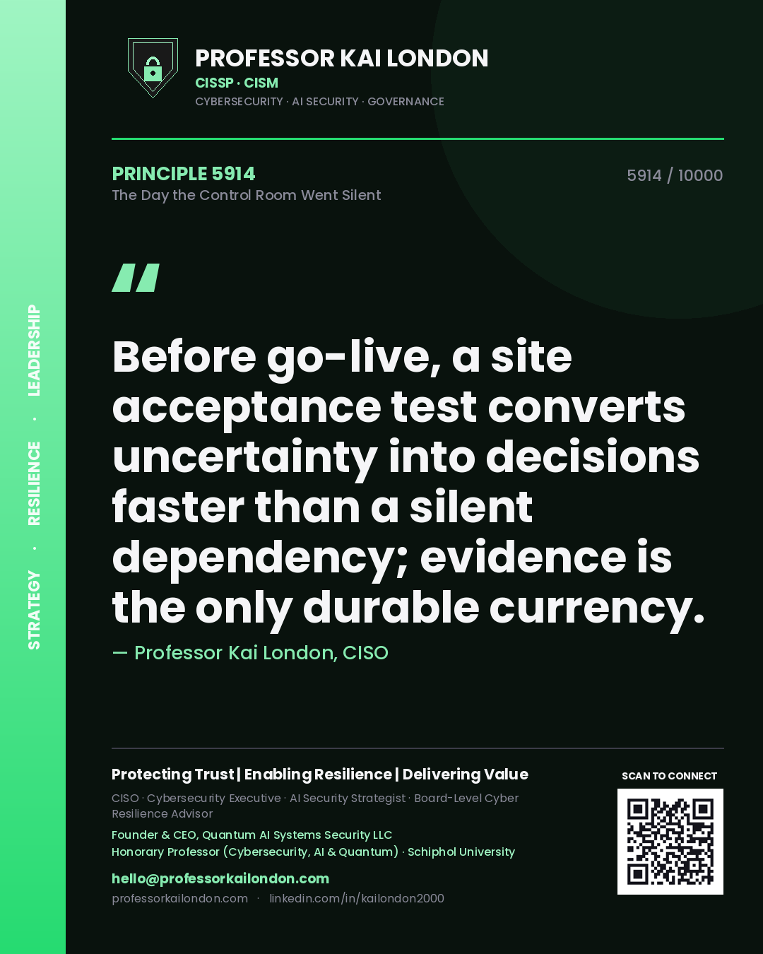 Quote card by Professor Kai London reading 'Before go-live, a site acceptance test converts uncertainty into decisions faster than a silent dependency; evidence is the only durable currency.'. From the book The Day the Control Room Went Silent.