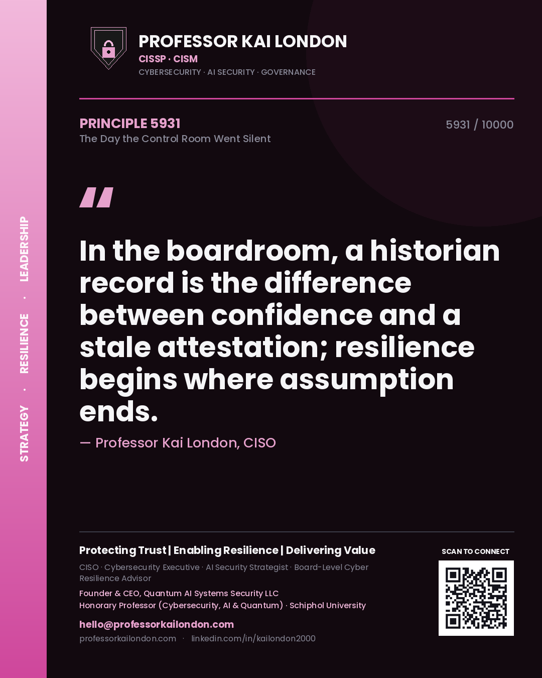 Quote card by Professor Kai London reading 'In the boardroom, a historian record is the difference between confidence and a stale attestation; resilience begins where assumption ends.'. From the book The Day the Control Room Went Silent.