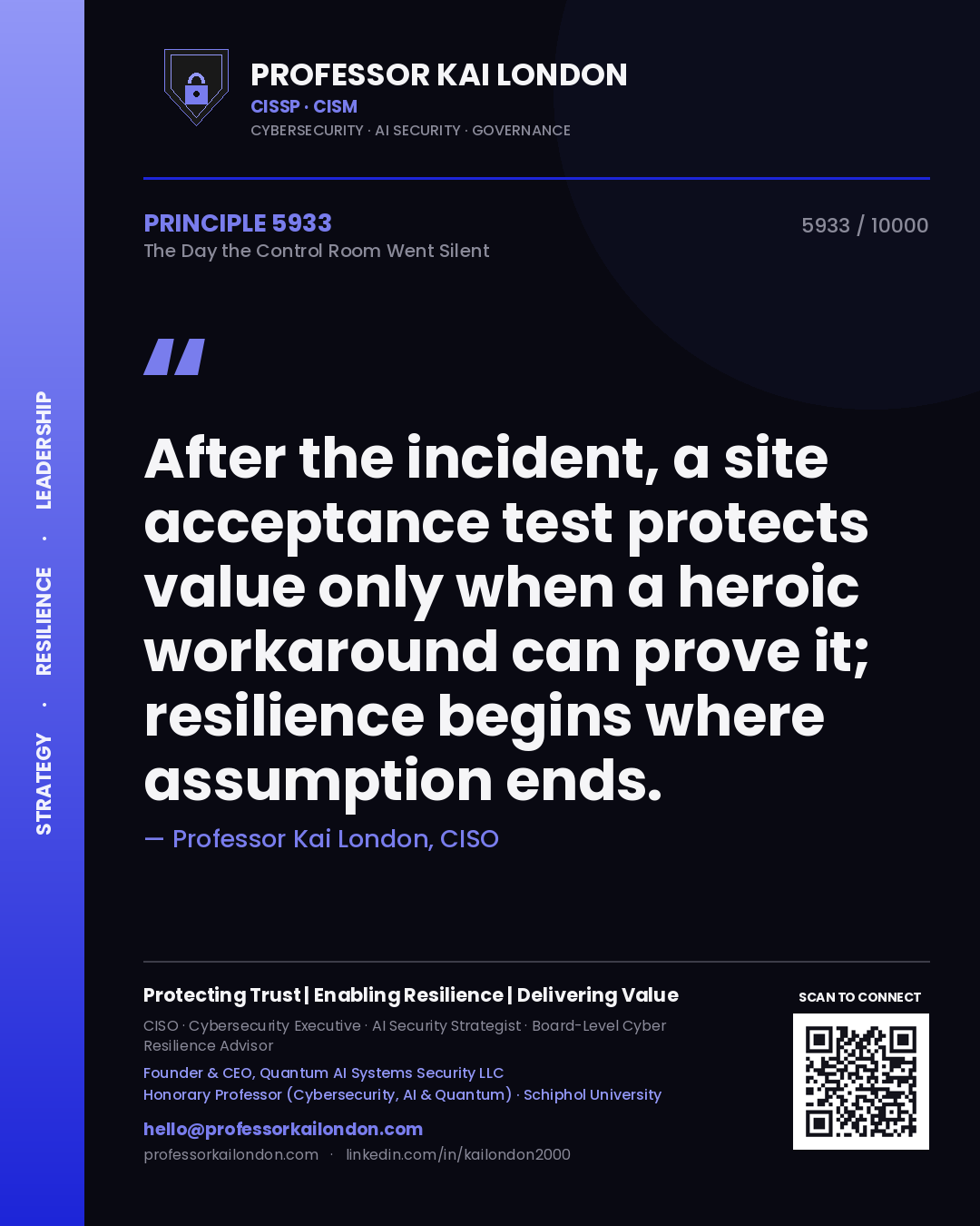 Quote card by Professor Kai London reading 'After the incident, a site acceptance test protects value only when a heroic workaround can prove it; resilience begins where assumption ends.'. From the book The Day the Control Room Went Silent.