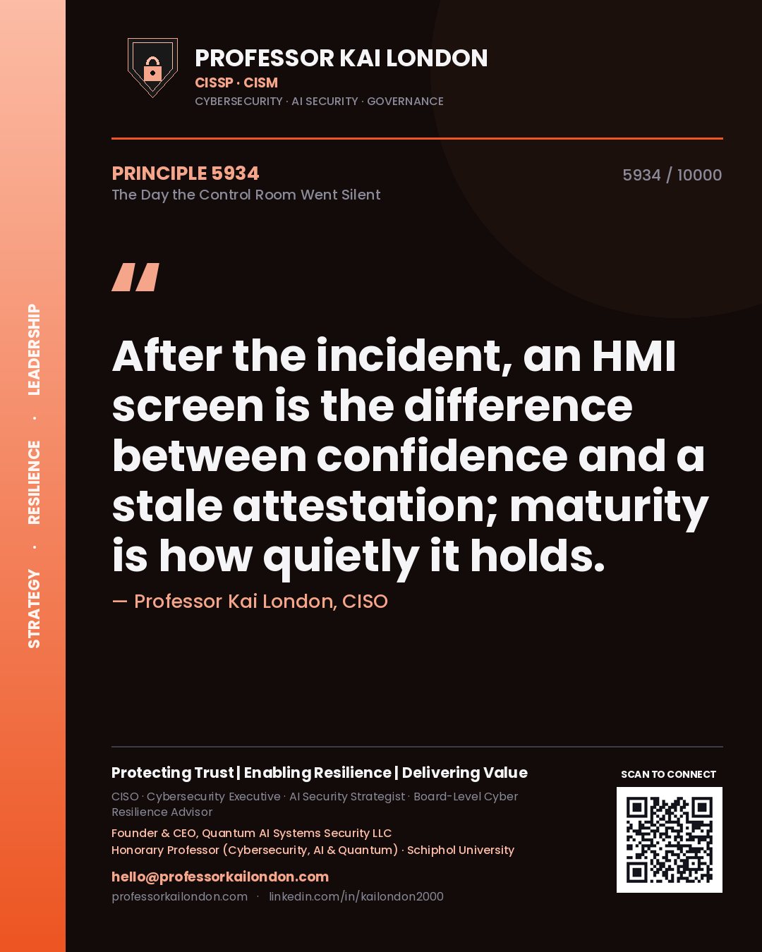 Professor Kai London principle 5934: After the incident, an HMI screen is the difference between confidence and a stale attestation; maturity is how quietly it holds.