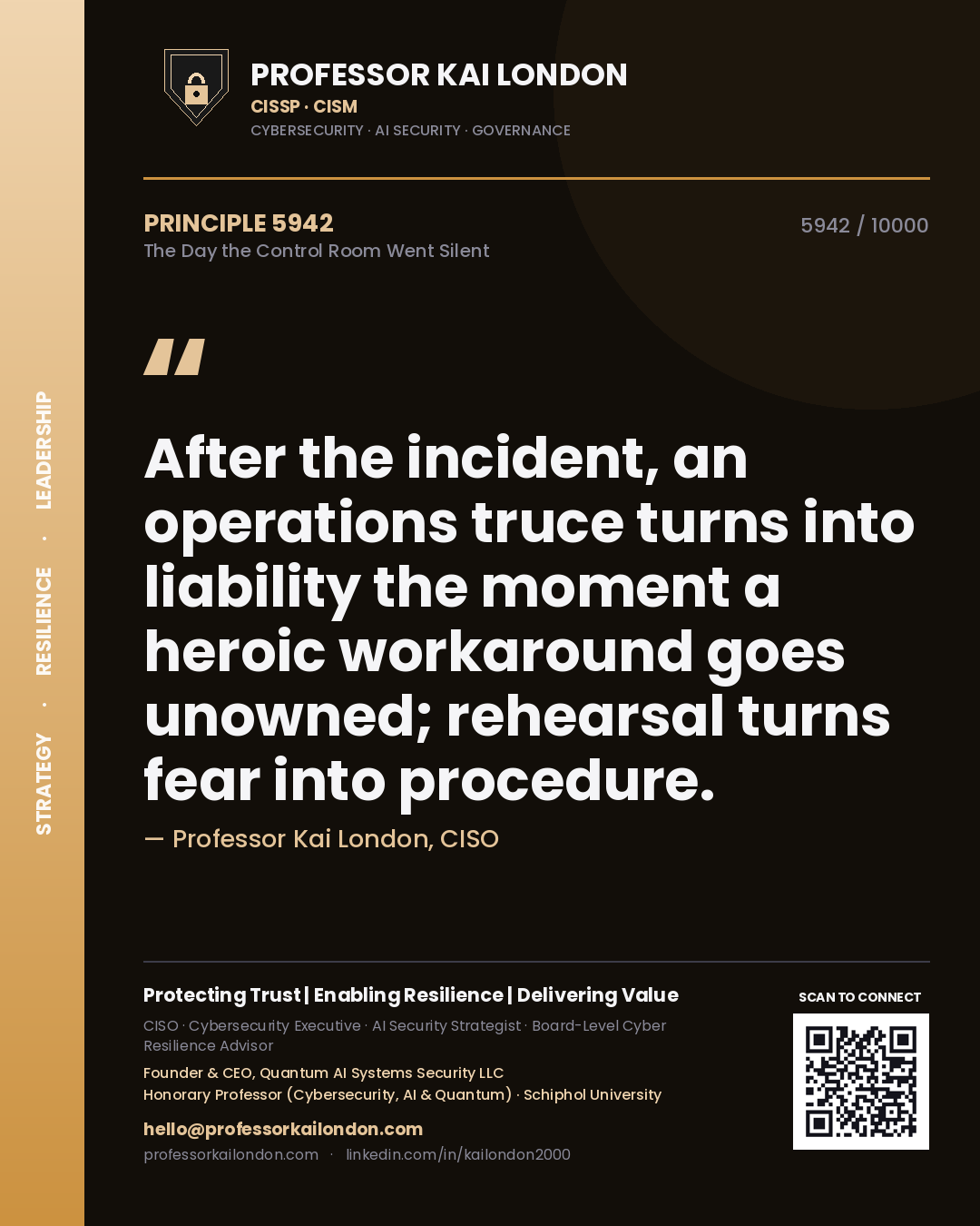 Quote card by Professor Kai London reading 'After the incident, an operations truce turns into liability the moment a heroic workaround goes unowned; rehearsal turns fear into procedure.'. From the book The Day the Control Room Went Silent.