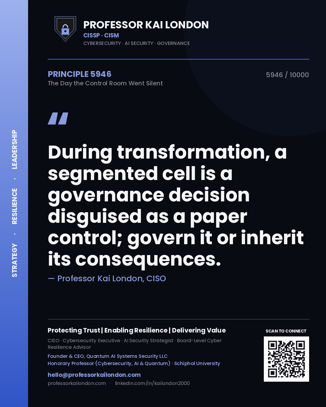 Professor Kai London principle 5946: During transformation, a segmented cell is a governance decision disguised as a paper control; govern it or inherit its consequences.