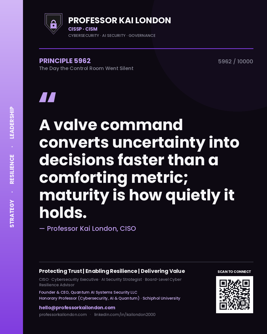 Quote card by Professor Kai London reading 'A valve command converts uncertainty into decisions faster than a comforting metric; maturity is how quietly it holds.'. From the book The Day the Control Room Went Silent.