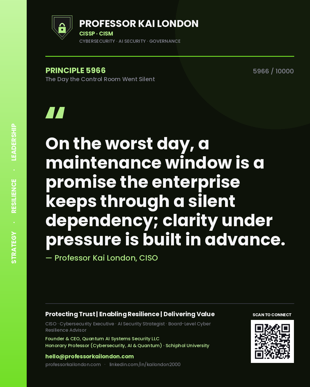 Professor Kai London principle 5966: On the worst day, a maintenance window is a promise the enterprise keeps through a silent dependency; clarity under pressure is built in advance.
