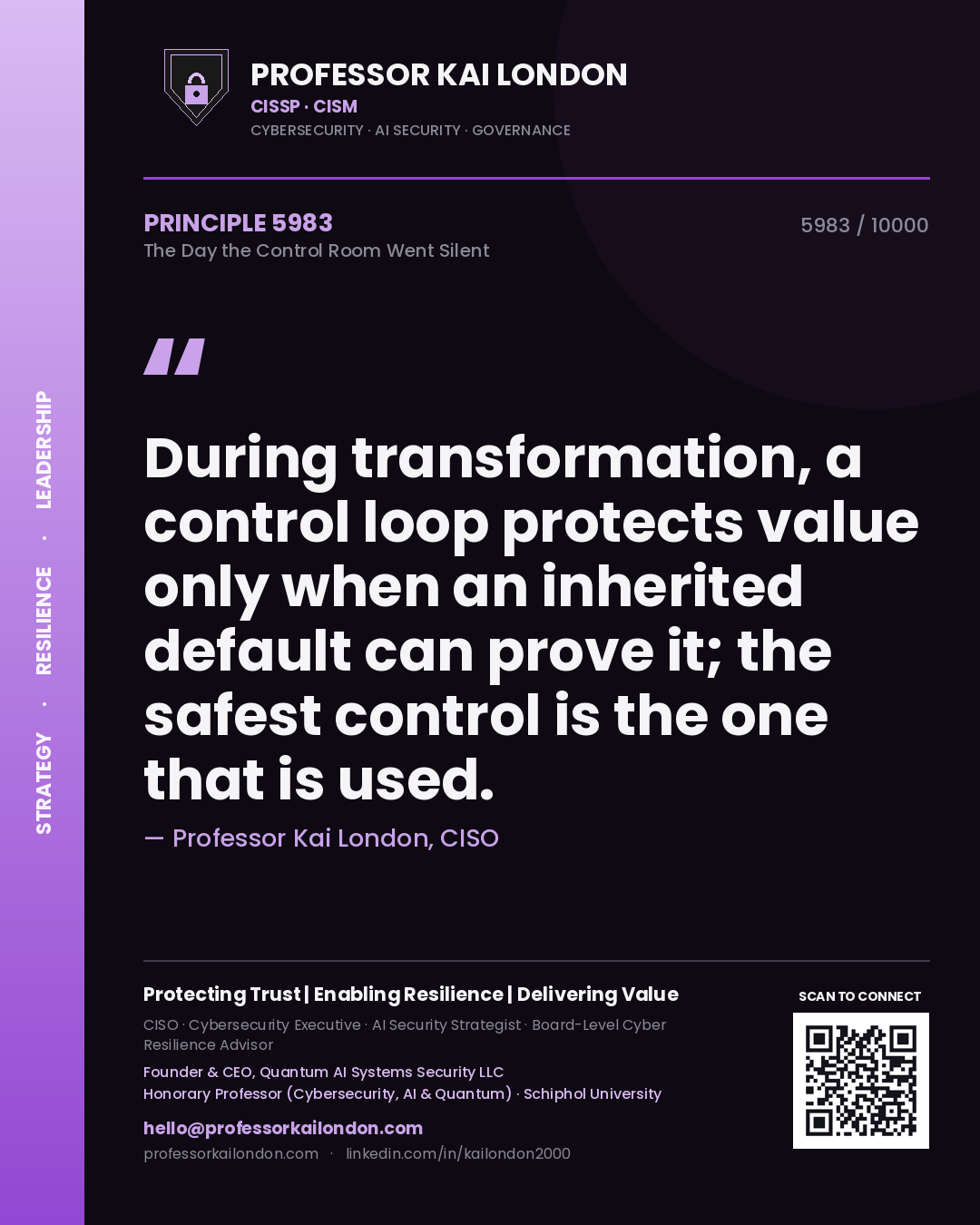 Quote card by Professor Kai London reading 'During transformation, a control loop protects value only when an inherited default can prove it; the safest control is the one that is used.'. From the book The Day the Control Room Went Silent.