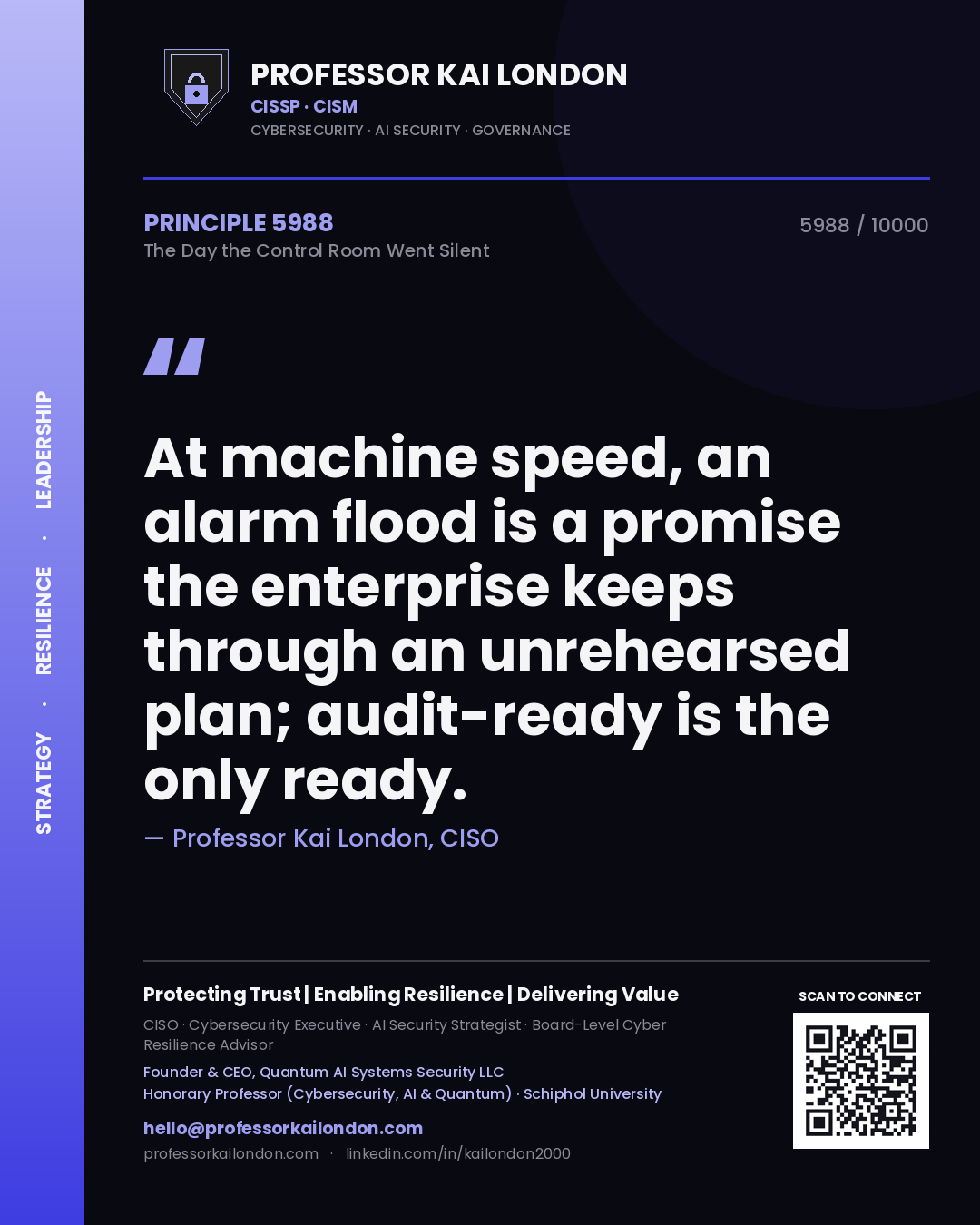 Quote card by Professor Kai London reading 'At machine speed, an alarm flood is a promise the enterprise keeps through an unrehearsed plan; audit-ready is the only ready.'. From the book The Day the Control Room Went Silent.