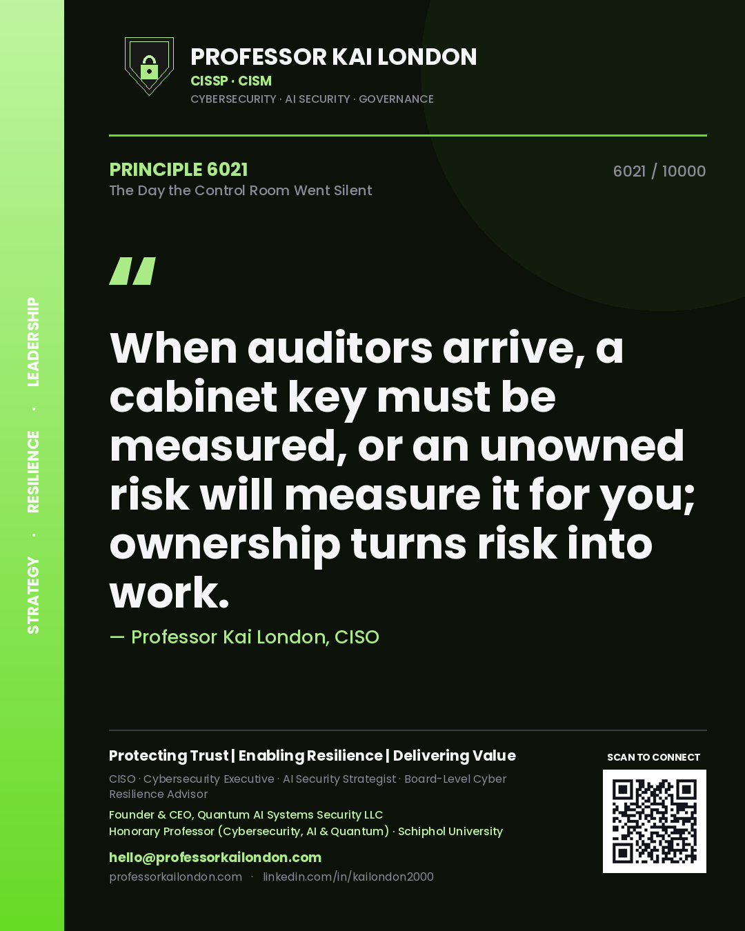 Quote card by Professor Kai London reading 'When auditors arrive, a cabinet key must be measured, or an unowned risk will measure it for you; ownership turns risk into work.'. From the book The Day the Control Room Went Silent.