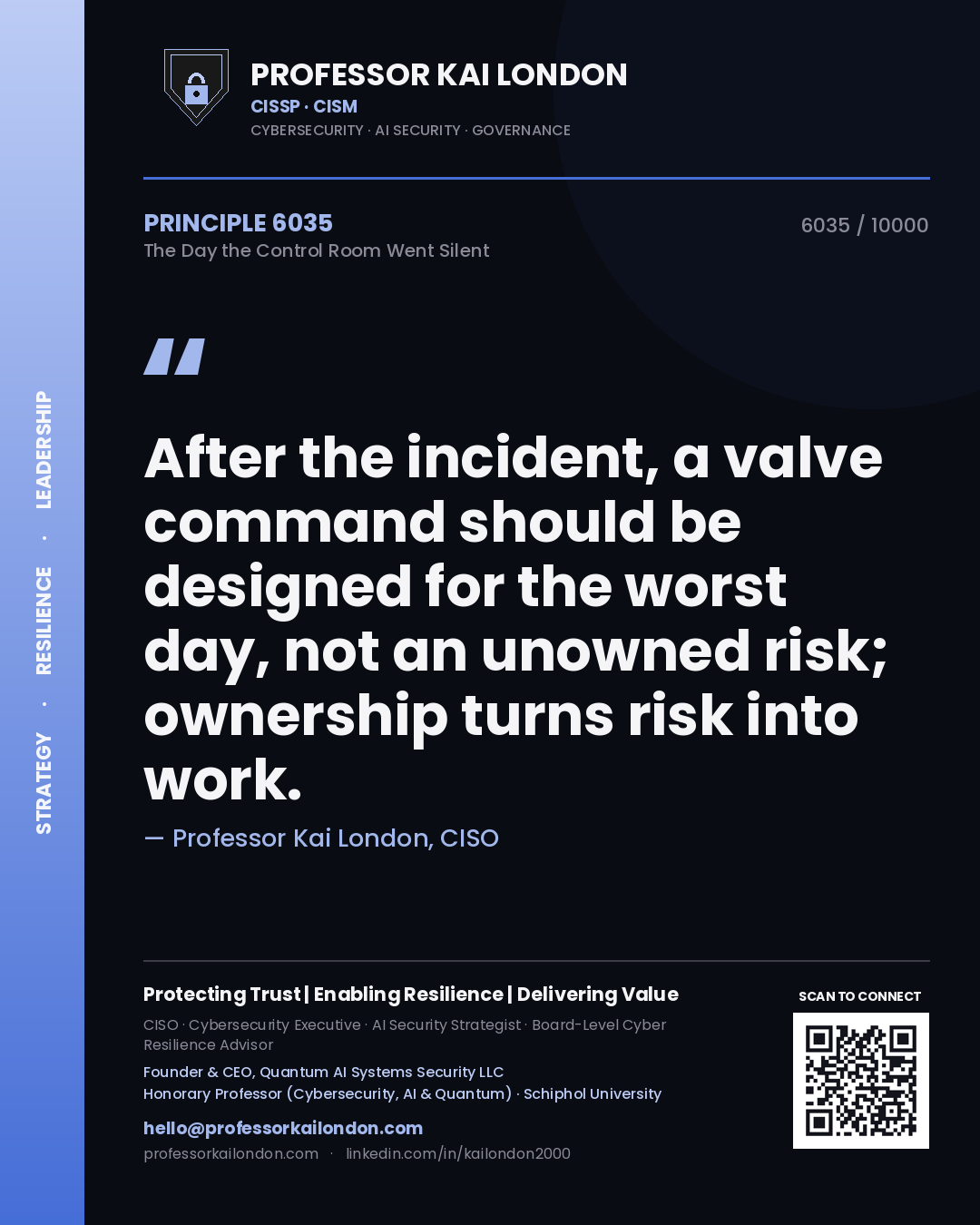 Professor Kai London principle 6035: After the incident, a valve command should be designed for the worst day, not an unowned risk; ownership turns risk into work.