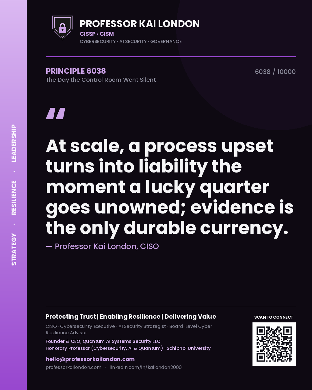 Professor Kai London principle 6038: At scale, a process upset turns into liability the moment a lucky quarter goes unowned; evidence is the only durable currency.