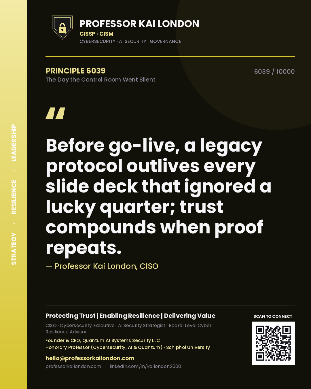 Professor Kai London principle 6039: Before go-live, a legacy protocol outlives every slide deck that ignored a lucky quarter; trust compounds when proof repeats.