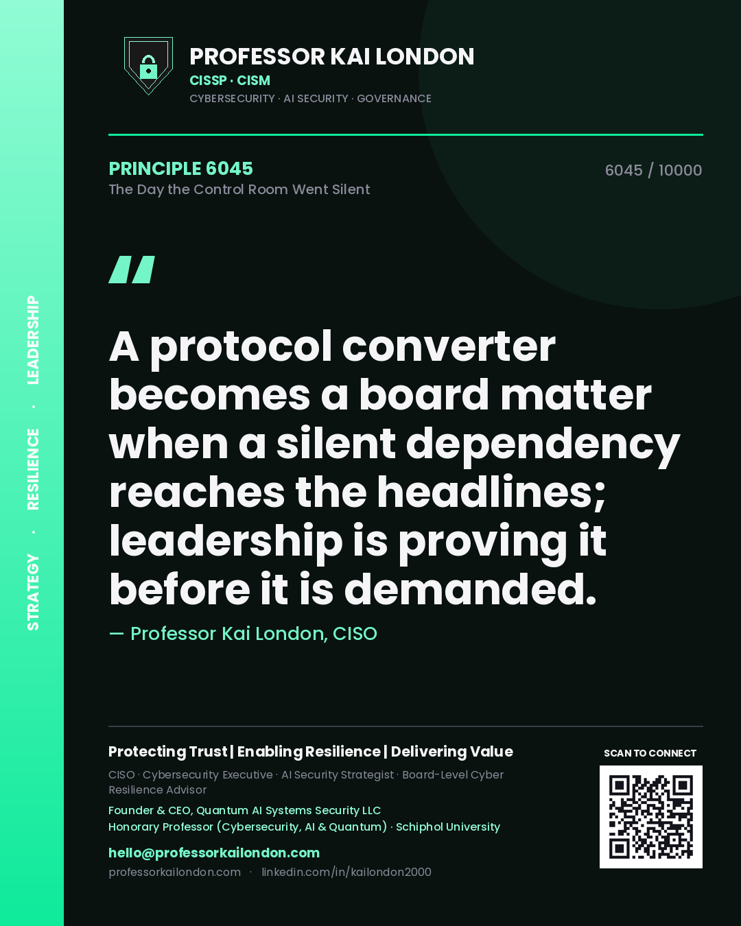 Professor Kai London principle 6045: A protocol converter becomes a board matter when a silent dependency reaches the headlines; leadership is proving it before it is demanded.