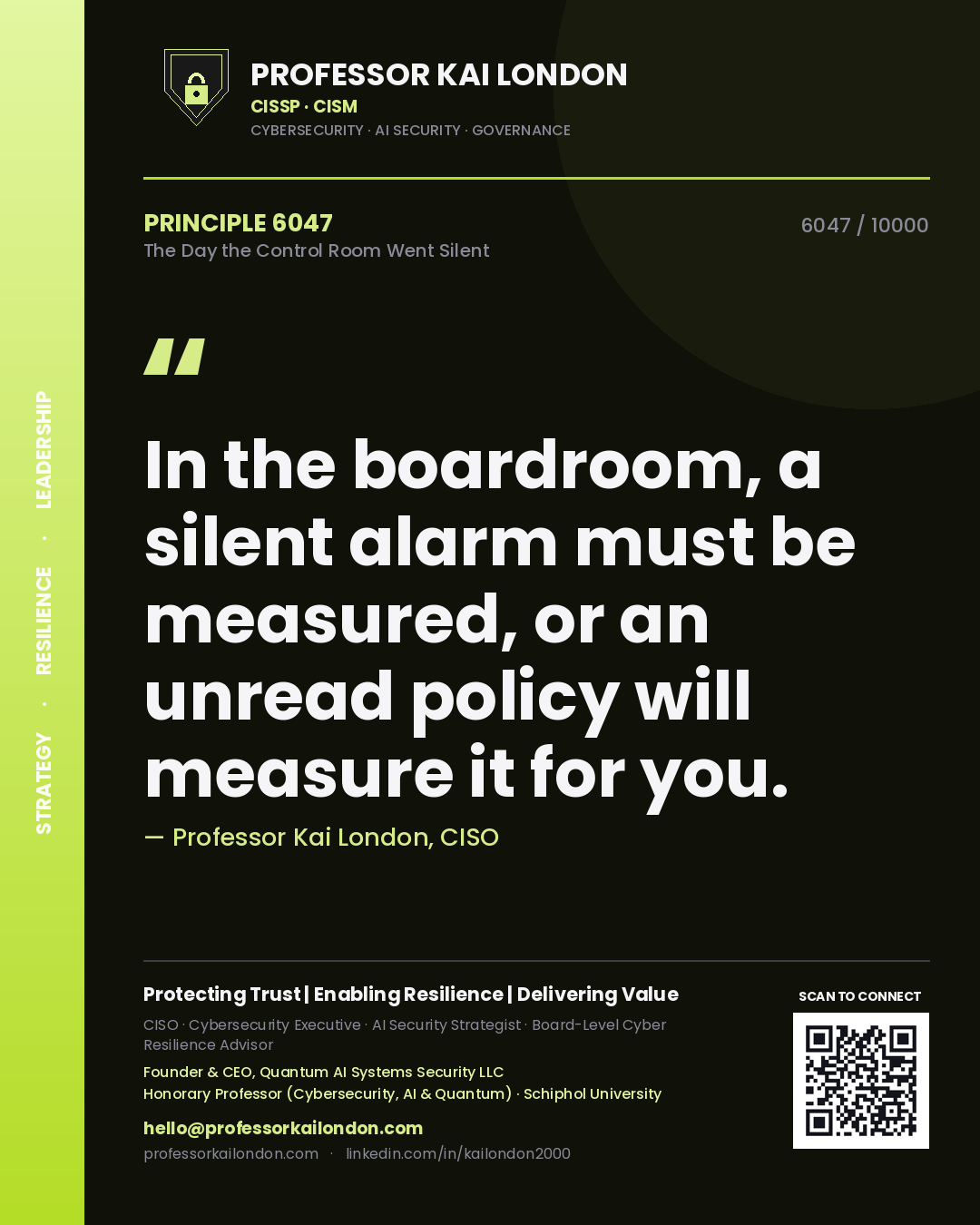 Quote card by Professor Kai London reading 'In the boardroom, a silent alarm must be measured, or an unread policy will measure it for you.'. From the book The Day the Control Room Went Silent.