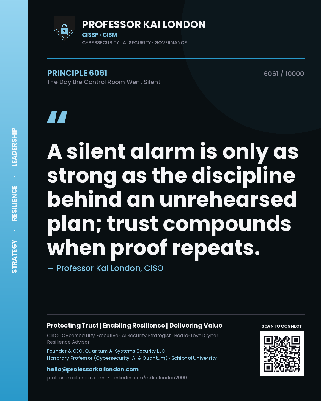 Quote card by Professor Kai London reading 'A silent alarm is only as strong as the discipline behind an unrehearsed plan; trust compounds when proof repeats.'. From the book The Day the Control Room Went Silent.