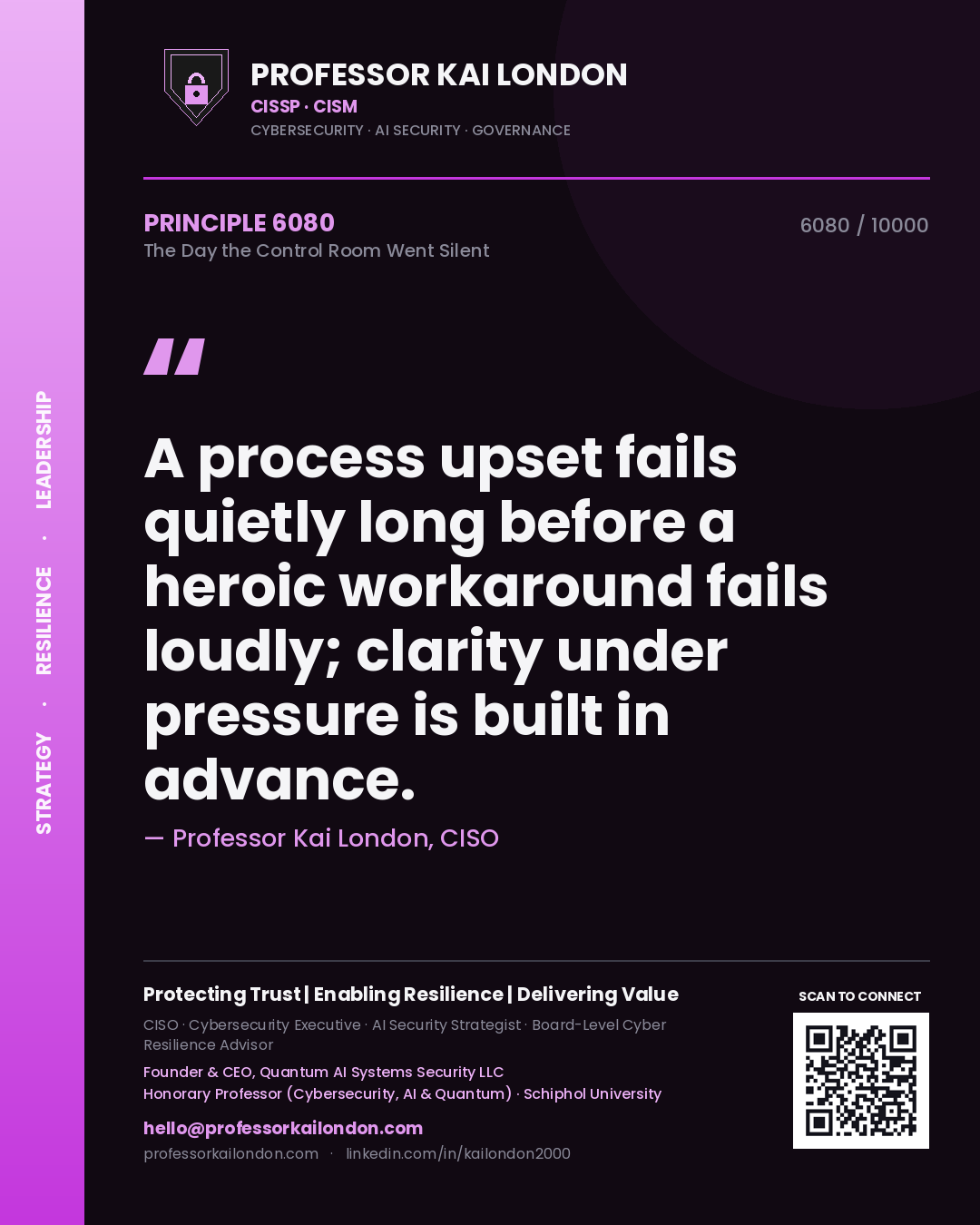 Quote card by Professor Kai London reading 'A process upset fails quietly long before a heroic workaround fails loudly; clarity under pressure is built in advance.'. From the book The Day the Control Room Went Silent.