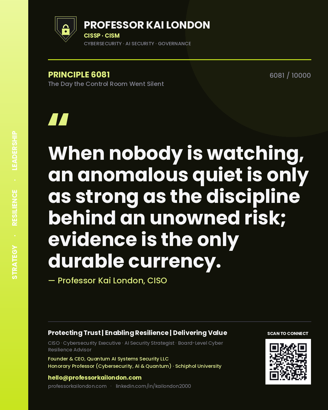 Professor Kai London principle 6081: When nobody is watching, an anomalous quiet is only as strong as the discipline behind an unowned risk; evidence is the only durable currency.