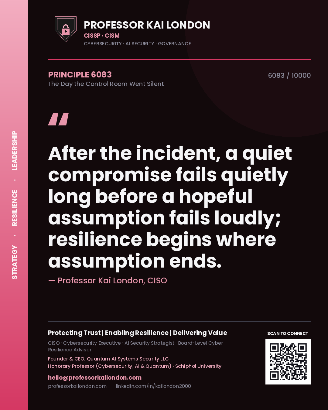 Quote card by Professor Kai London reading 'After the incident, a quiet compromise fails quietly long before a hopeful assumption fails loudly; resilience begins where assumption ends.'. From the book The Day the Control Room Went Silent.