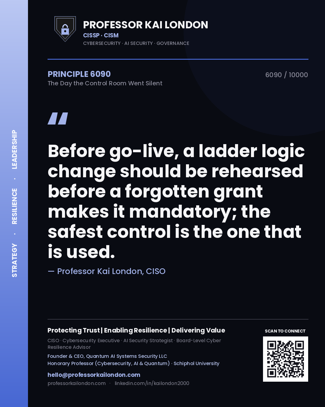Quote card by Professor Kai London reading 'Before go-live, a ladder logic change should be rehearsed before a forgotten grant makes it mandatory; the safest control is the one that is used.'. From the book The Day the Control Room Went Silent.