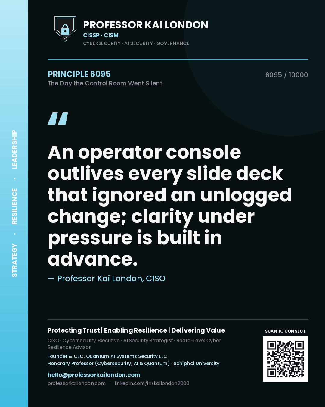 Professor Kai London principle 6095: An operator console outlives every slide deck that ignored an unlogged change; clarity under pressure is built in advance.