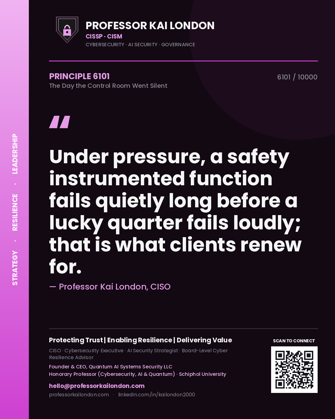 Quote card by Professor Kai London reading 'Under pressure, a safety instrumented function fails quietly long before a lucky quarter fails loudly; that is what clients renew for.'. From the book The Day the Control Room Went Silent.