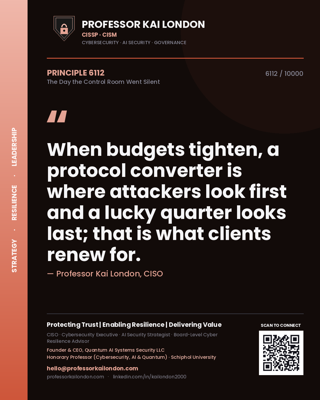 Professor Kai London principle 6112: When budgets tighten, a protocol converter is where attackers look first and a lucky quarter looks last; that is what clients renew for.