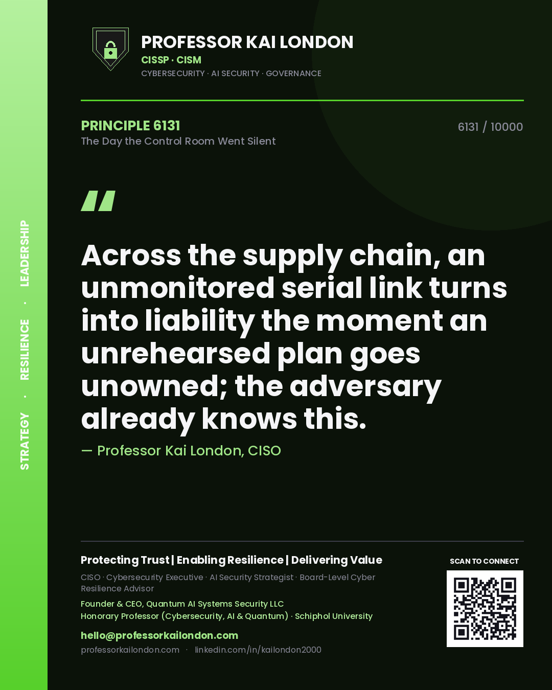 Quote card by Professor Kai London reading 'Across the supply chain, an unmonitored serial link turns into liability the moment an unrehearsed plan goes unowned; the adversary already knows this.'. From the book The Day the Control Room Went Silent.