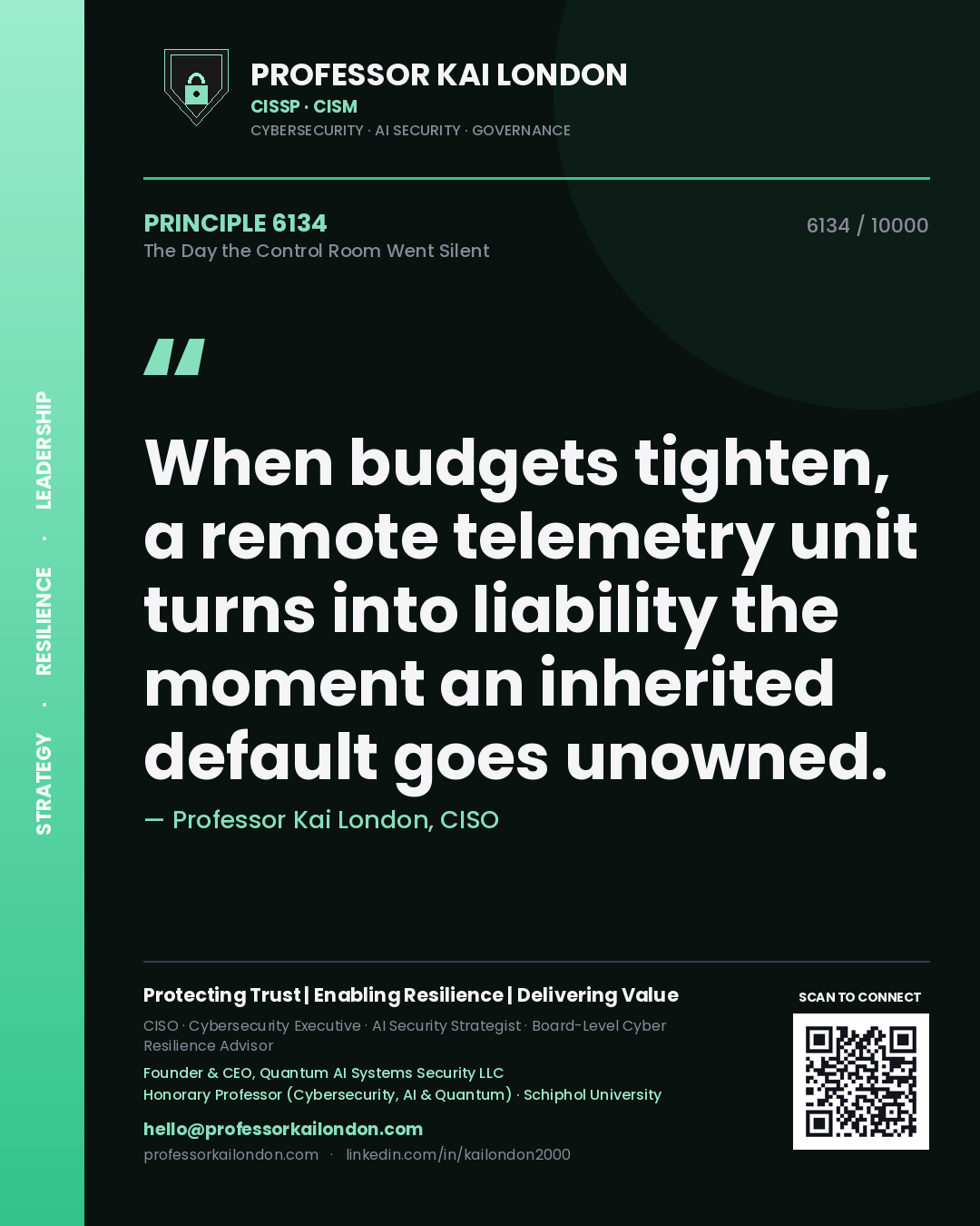 Quote card by Professor Kai London reading 'When budgets tighten, a remote telemetry unit turns into liability the moment an inherited default goes unowned.'. From the book The Day the Control Room Went Silent.