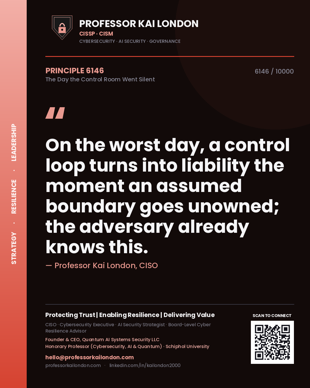 Quote card by Professor Kai London reading 'On the worst day, a control loop turns into liability the moment an assumed boundary goes unowned; the adversary already knows this.'. From the book The Day the Control Room Went Silent.