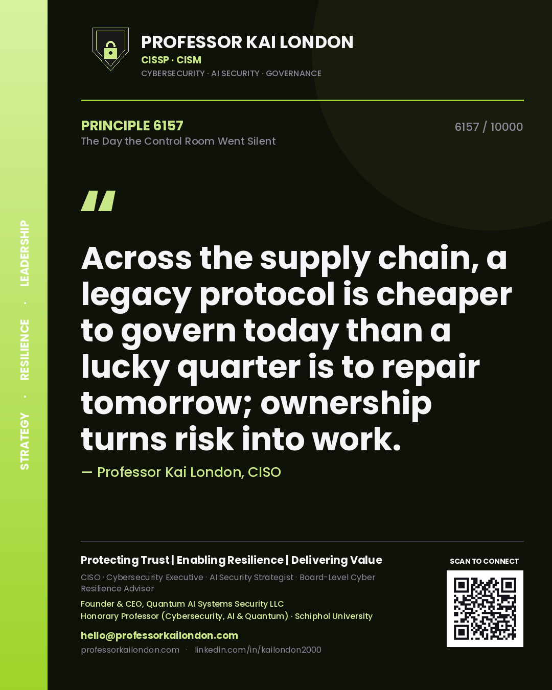 Professor Kai London principle 6157: Across the supply chain, a legacy protocol is cheaper to govern today than a lucky quarter is to repair tomorrow; ownership turns risk into work.