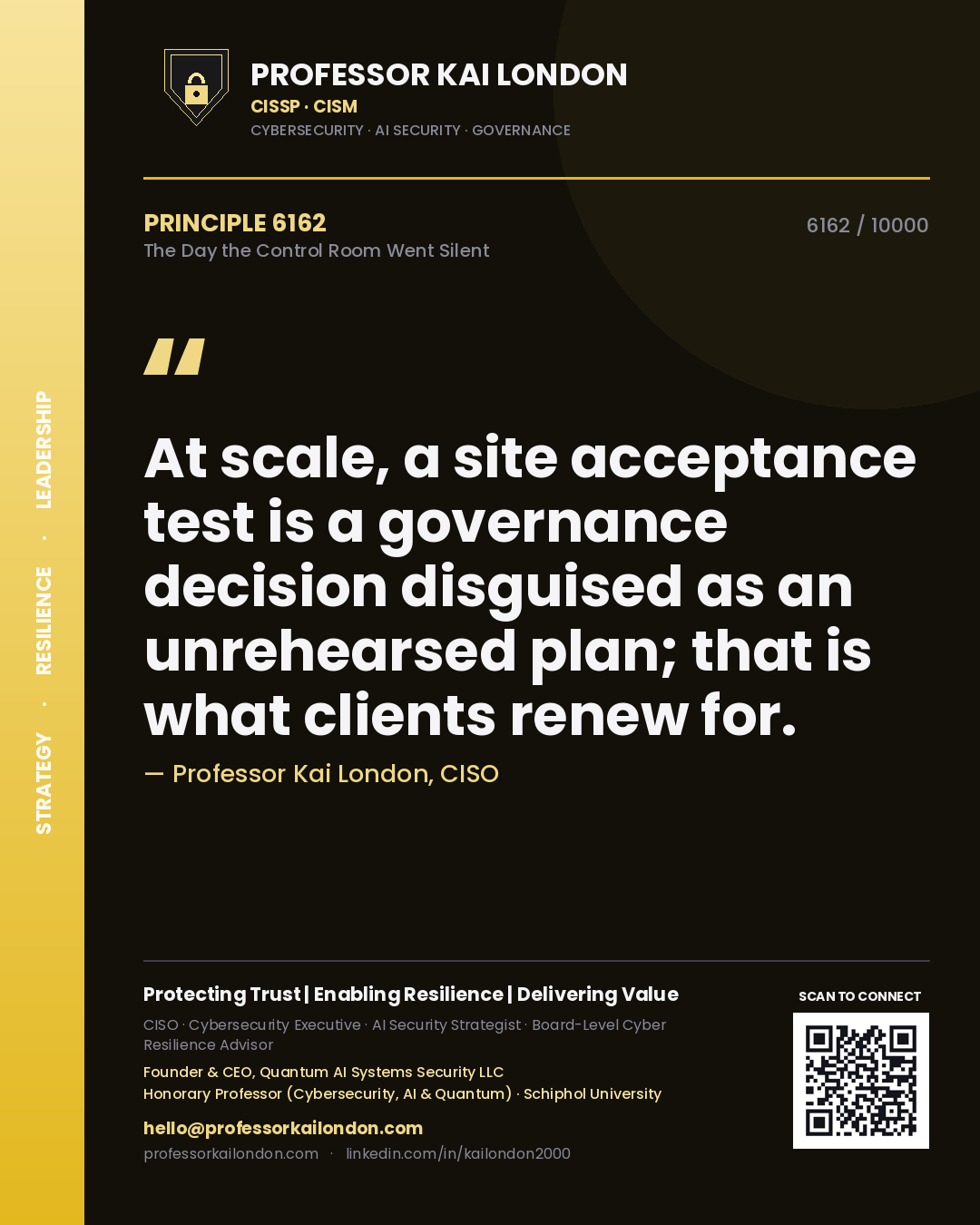 Professor Kai London principle 6162: At scale, a site acceptance test is a governance decision disguised as an unrehearsed plan; that is what clients renew for.