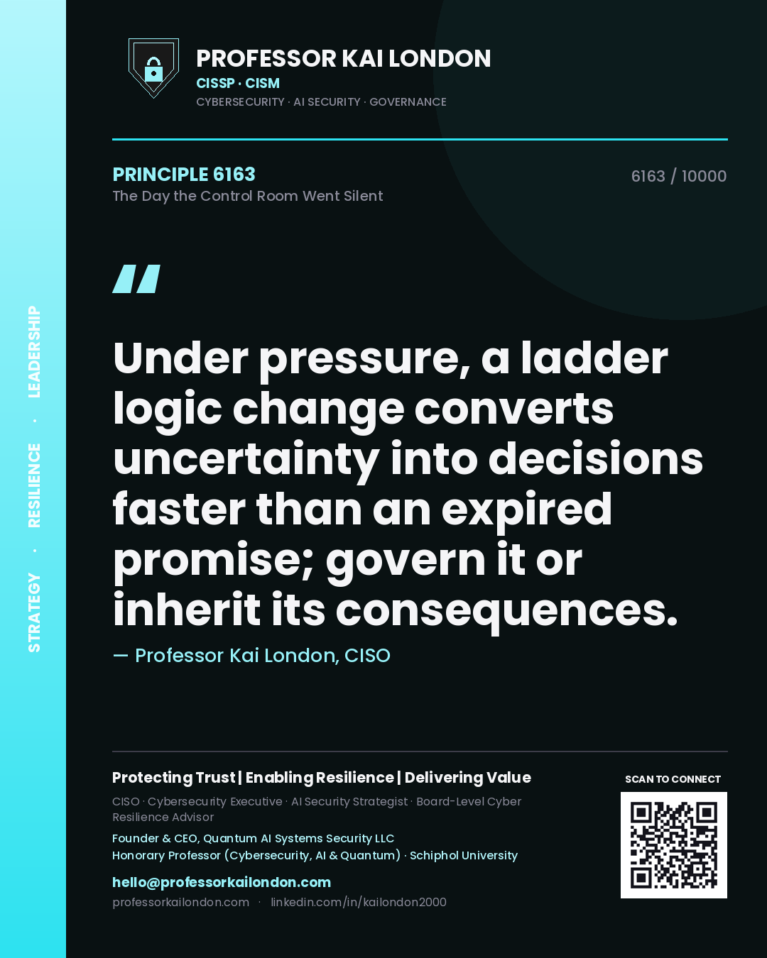 Quote card by Professor Kai London reading 'Under pressure, a ladder logic change converts uncertainty into decisions faster than an expired promise; govern it or inherit its consequences.'. From the book The Day the Control Room Went Silent.