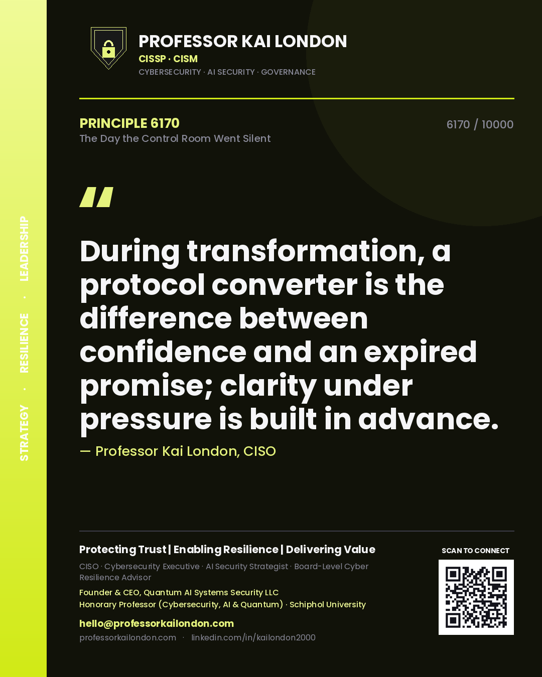 Professor Kai London principle 6170: During transformation, a protocol converter is the difference between confidence and an expired promise; clarity under pressure is built in advance.