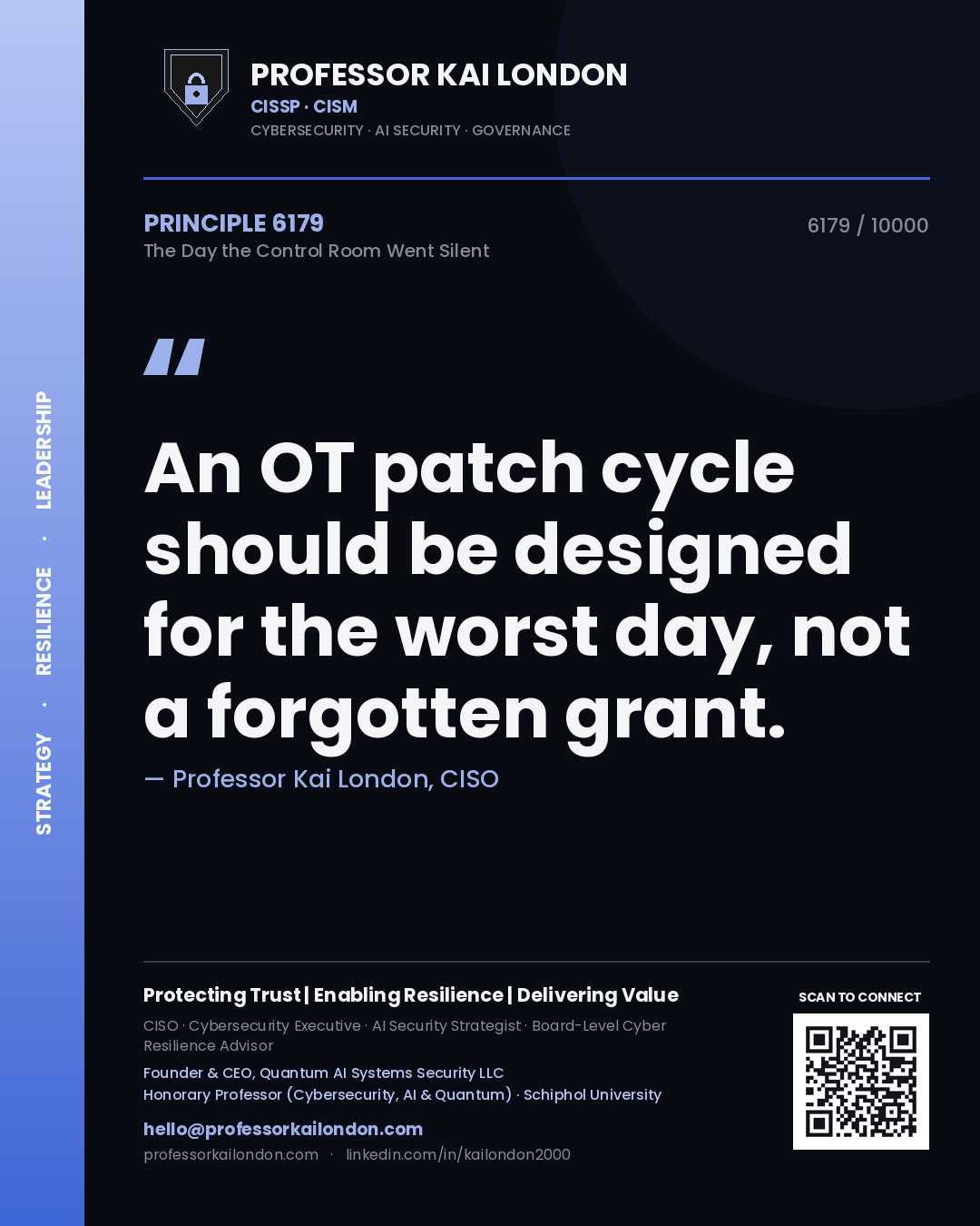 Quote card by Professor Kai London reading 'An OT patch cycle should be designed for the worst day, not a forgotten grant.'. From the book The Day the Control Room Went Silent.