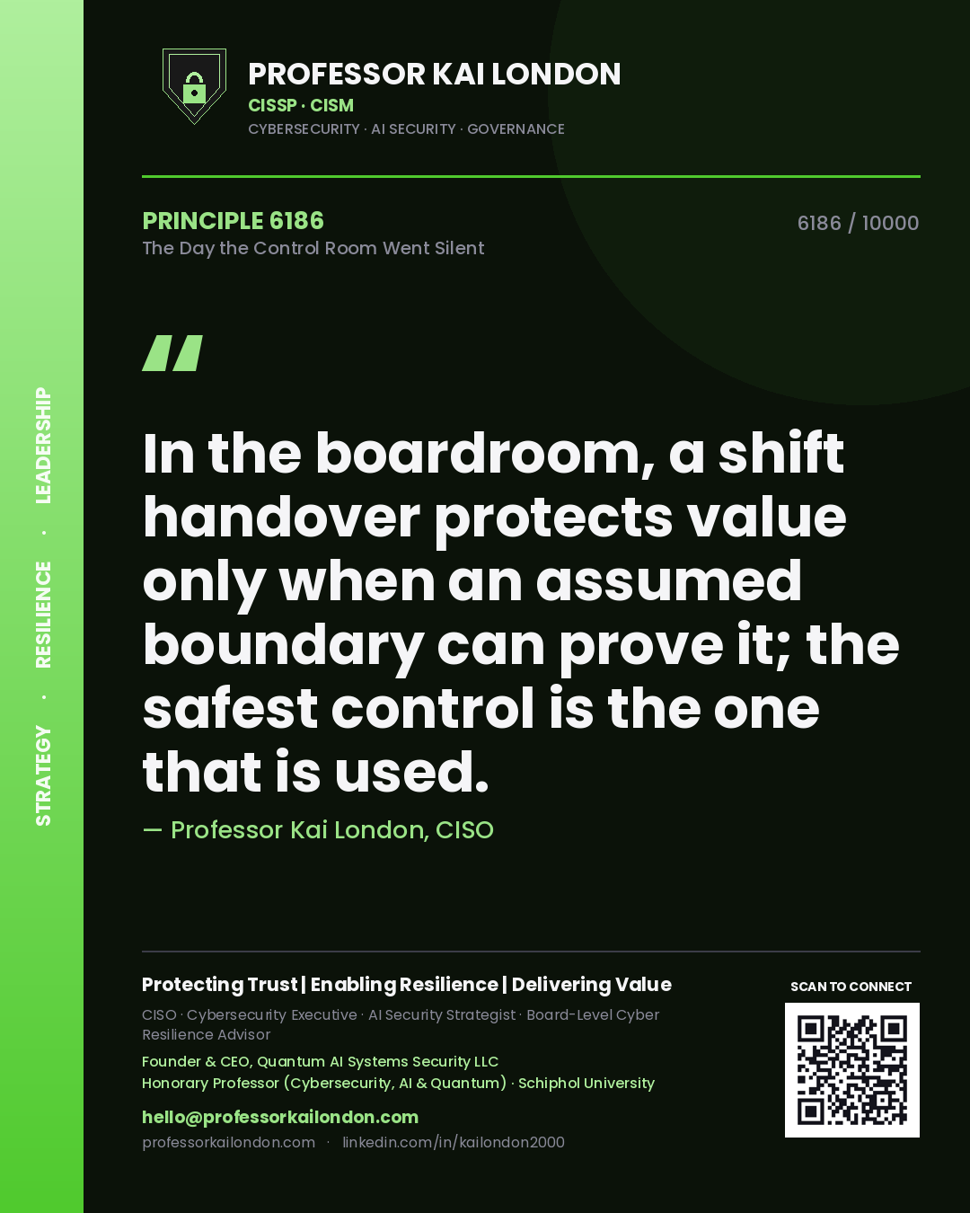 Quote card by Professor Kai London reading 'In the boardroom, a shift handover protects value only when an assumed boundary can prove it; the safest control is the one that is used.'. From the book The Day the Control Room Went Silent.