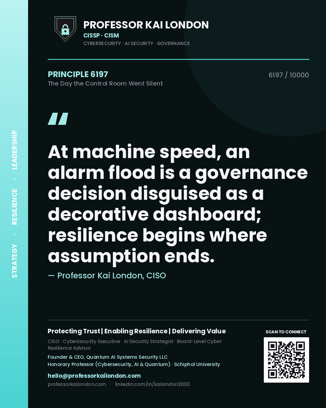 Professor Kai London principle 6197: At machine speed, an alarm flood is a governance decision disguised as a decorative dashboard; resilience begins where assumption ends.
