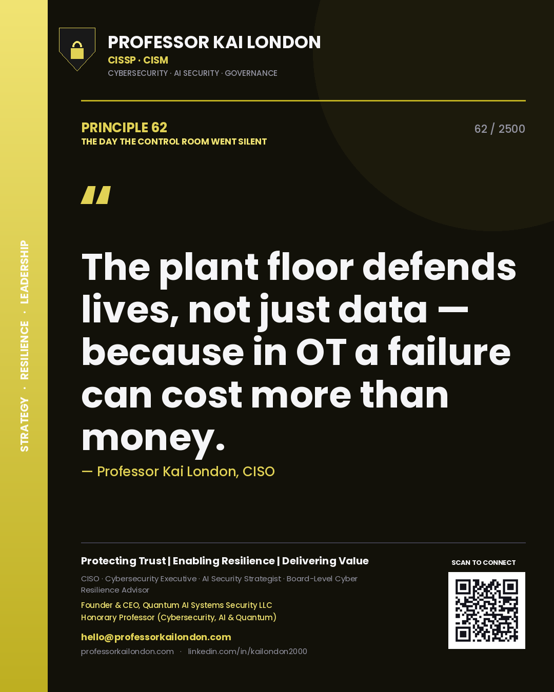 Quote card by Professor Kai London reading 'The plant floor defends lives, not just data — because in OT a failure can cost more than money.'. From the book The Day the Control Room Went Silent.