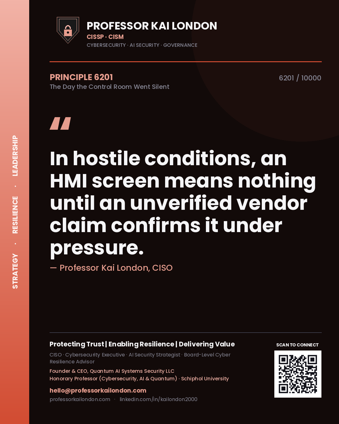 Quote card by Professor Kai London reading 'In hostile conditions, an HMI screen means nothing until an unverified vendor claim confirms it under pressure.'. From the book The Day the Control Room Went Silent.