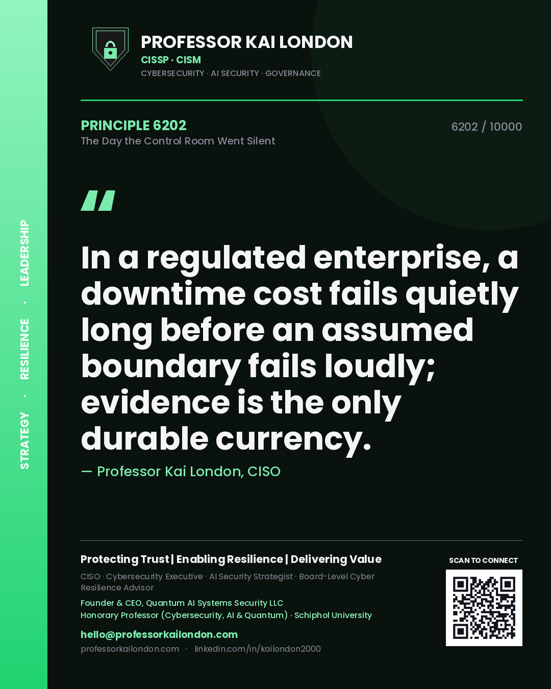 Quote card by Professor Kai London reading 'In a regulated enterprise, a downtime cost fails quietly long before an assumed boundary fails loudly; evidence is the only durable currency.'. From the book The Day the Control Room Went Silent.