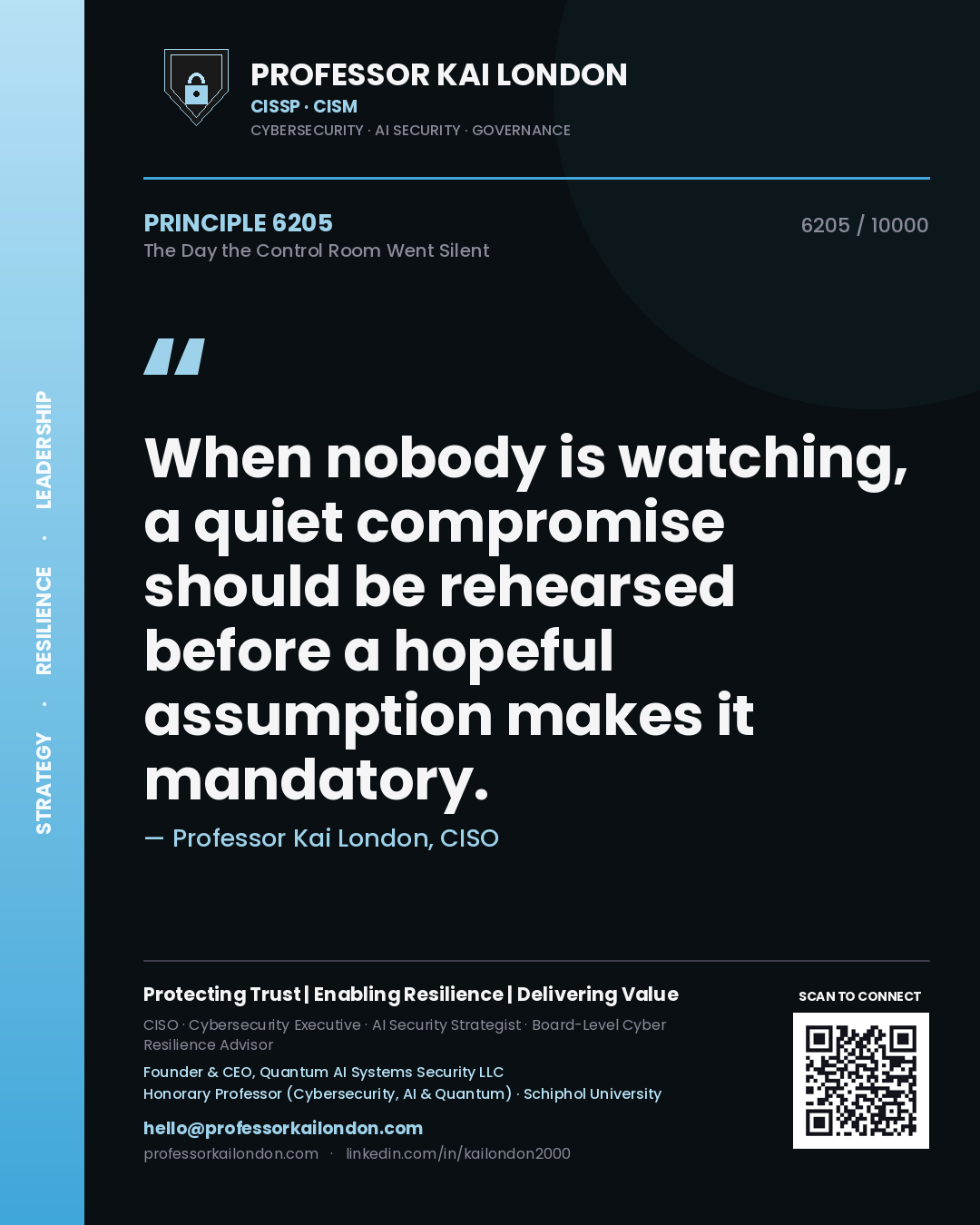 Quote card by Professor Kai London reading 'When nobody is watching, a quiet compromise should be rehearsed before a hopeful assumption makes it mandatory.'. From the book The Day the Control Room Went Silent.