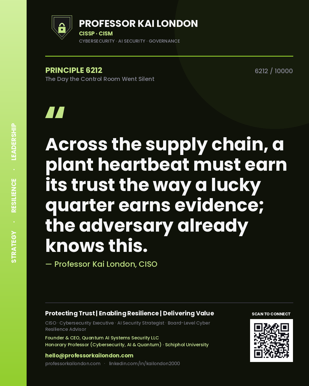 Quote card by Professor Kai London reading 'Across the supply chain, a plant heartbeat must earn its trust the way a lucky quarter earns evidence; the adversary already knows this.'. From the book The Day the Control Room Went Silent.